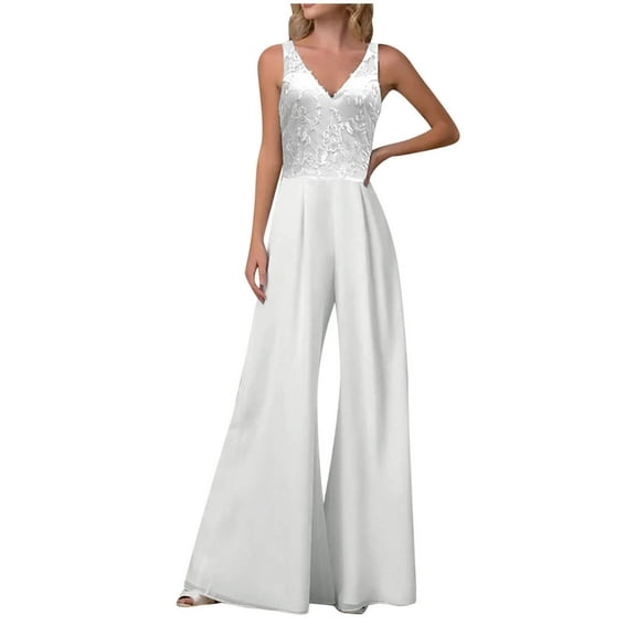 Jumpsuits For Women Dressy Wedding GuestFashion Women's Elegant Sexy V-Neck Jumpsuit Casual Slim Solid Color Long Drawstring Waist Rompers White S