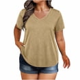 thumbnail image 2 of Sevevn Women's V-neck Center Hollow Fashionable Solid Color Plus Size Short Sleeved T-Shirt Khaki XXXXL, 2 of 6