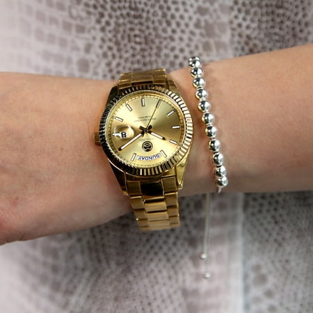 Ornate European Watches - Aulos SL European Mid Size Watch, Quartz Analog Day Date Feature Watch, Fluted Bezel Luxury Steel Band Watch