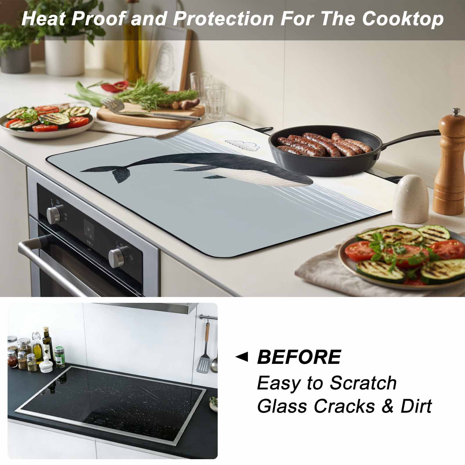 Whale Stove Top Cover for Electric Stove, Heat-proof & Non Slip Glass Top Stove Cover Protector, Ocean Coastal Fish Aqua Beach Orange Sky Kitchen Flat Cooktop Rubber Mat 24x21 Inches