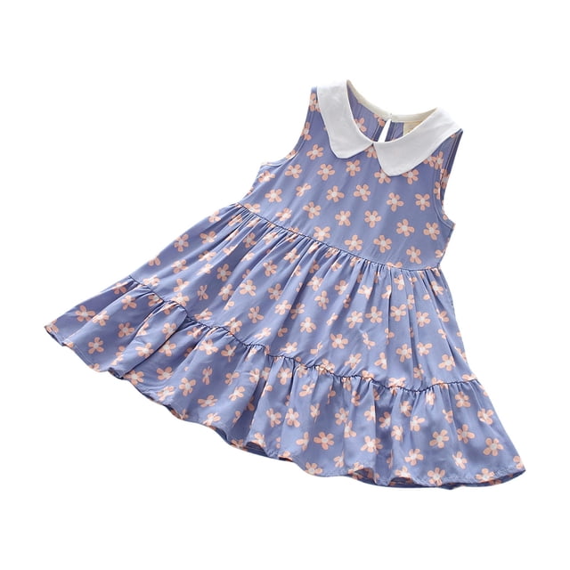 Yanlir Robe Confortable pour Bébés Filles Sans Manches à Volants Imprimé Fleuri Col Rond Mi-Mollet pour Tenues Adorables 2-10 Ans (Violet, 9-10 Ans)