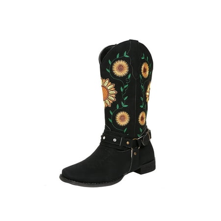 

SIMANLAN Ladies Vintage Shoes Embroidered Western Boot Wide-Calf Cowgirl Boots Womens Floral Women Mid Calf Black 7.5
