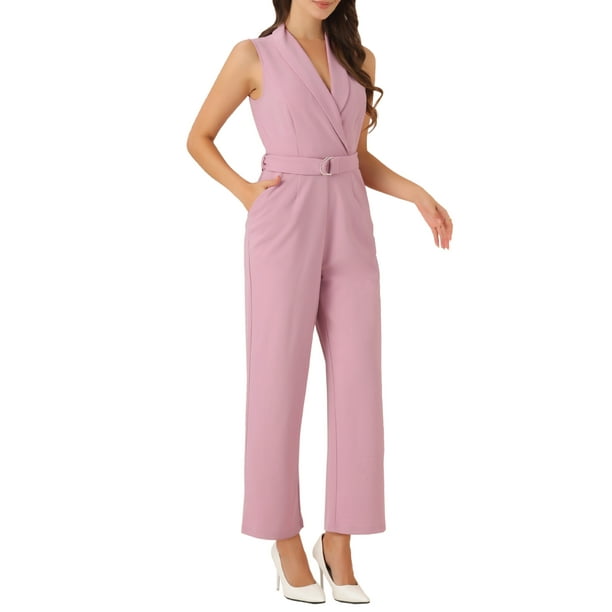 INSPIRE CHIC Women's Sleeveless Shawl Collar Office Belted Cropped