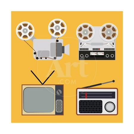 Flat Design Retro Objects with a Film Projector, Tape Recorder, TV and Radio Print Wall Art By IKuvshinov
