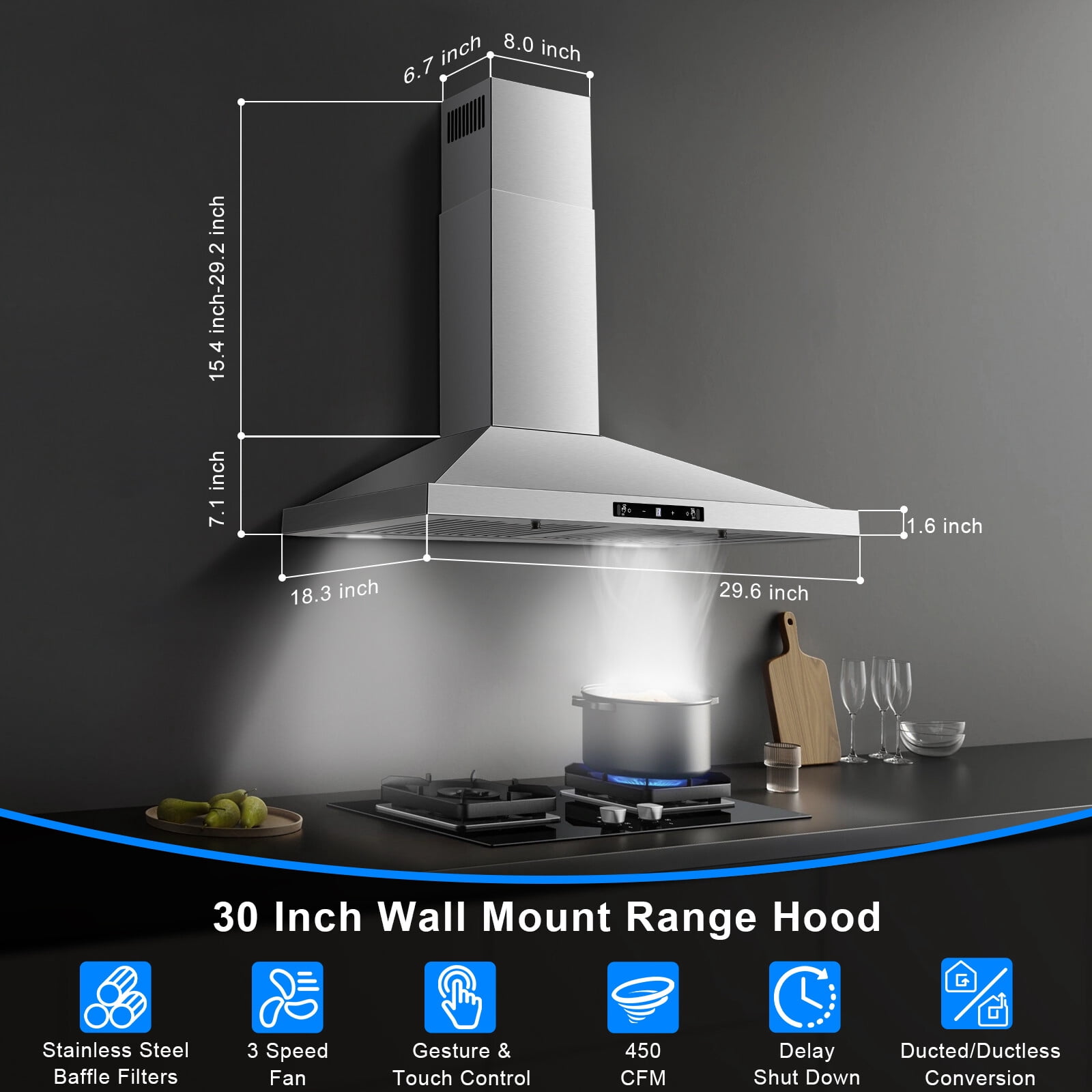 Joeaonz 30-Inch Stainless Steel Wall-Mounted Kitchen Range Hood, 3-Speed Fan, Ducted/Ductless, Gesture Control