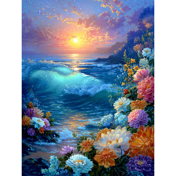 UXIEQU Seascape Floral Canvas Wall Art 15.75x11.81 Inches