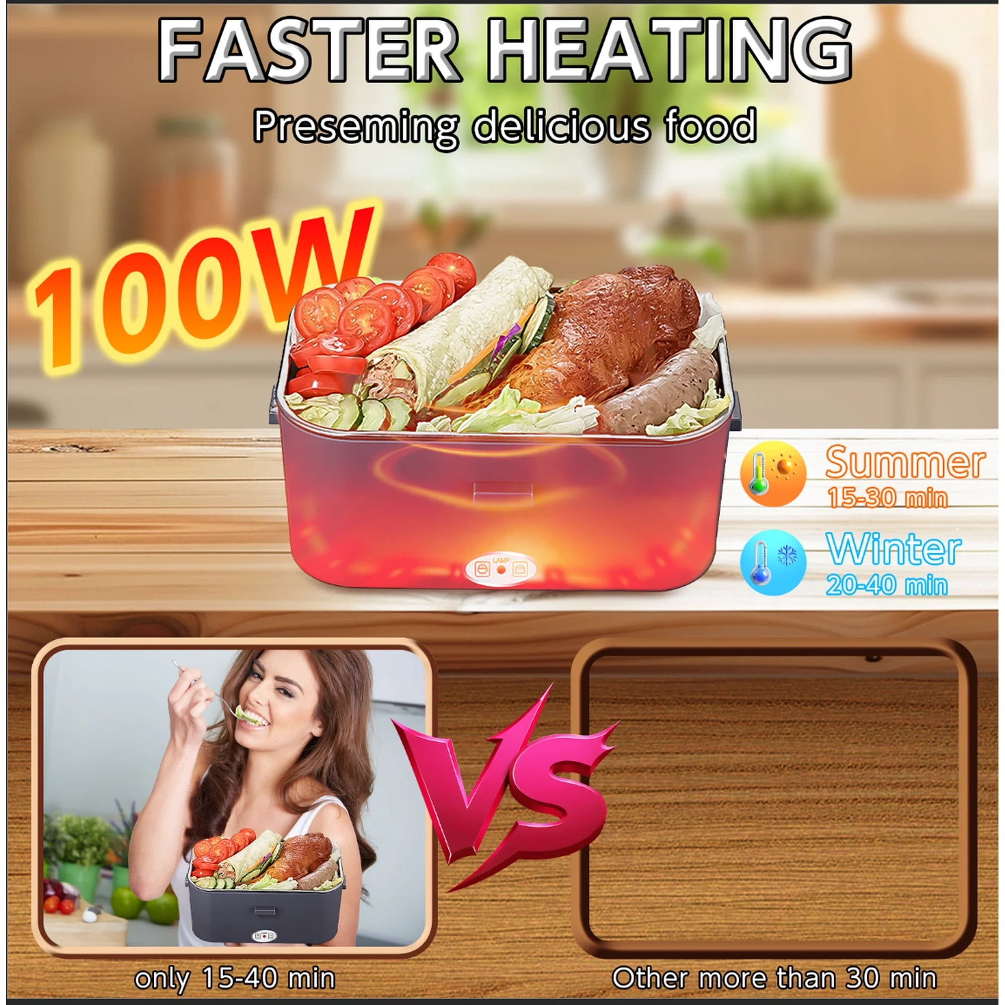 HUAKEYOU 100W Portable Food Heater Electric Lunch Box 1.5L Green, Leak-Proof Heating Container for Car Truck Office Home