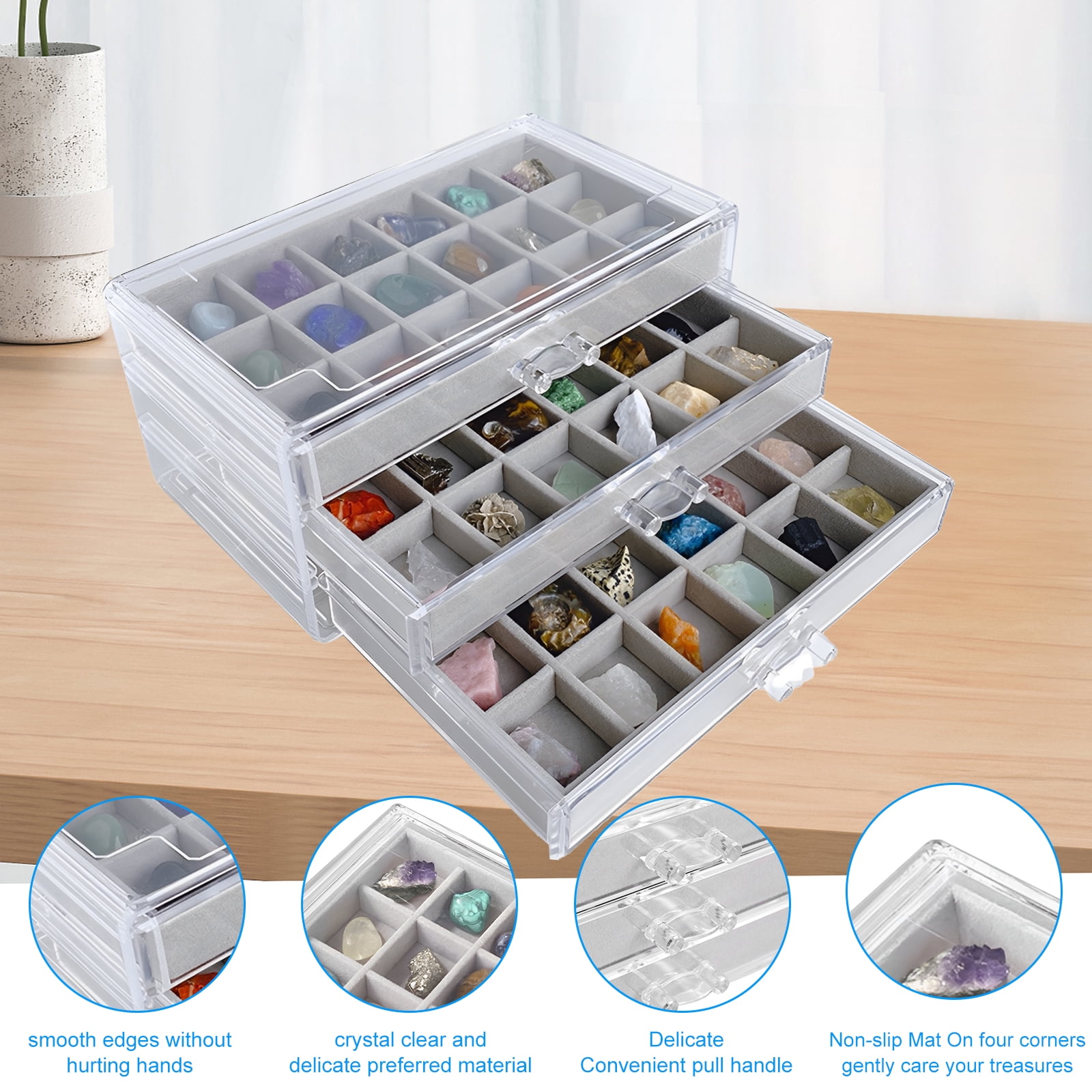 Vitrine Rock Collection Rectangulaire 72 Grilles - Boîte De Rangement Cristaux Gris