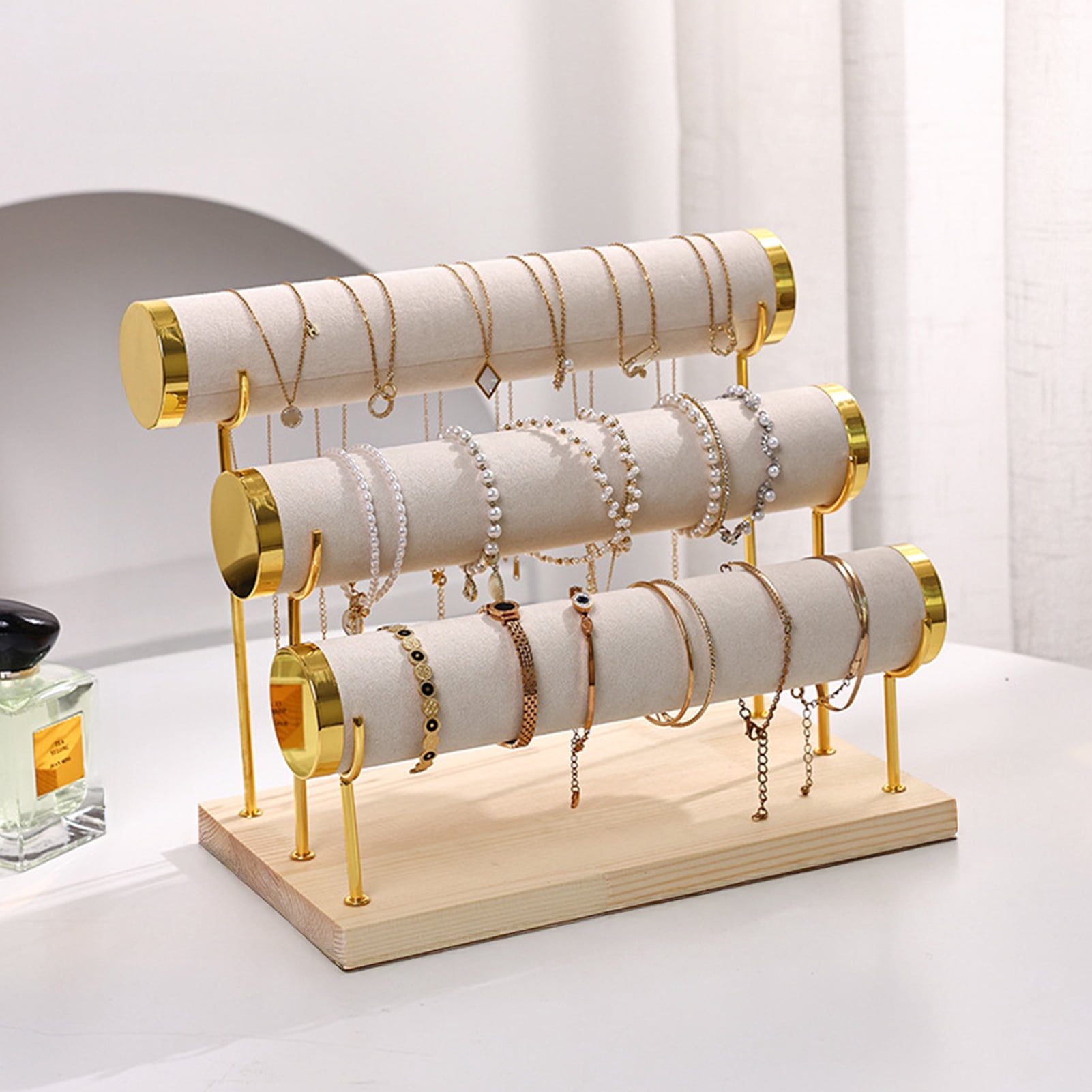 OIUR 3-Layer Jewelry Rack Wooden Bracelet Holder Large Capacity Simple Installation Necklace Jewelry Storage Organizer