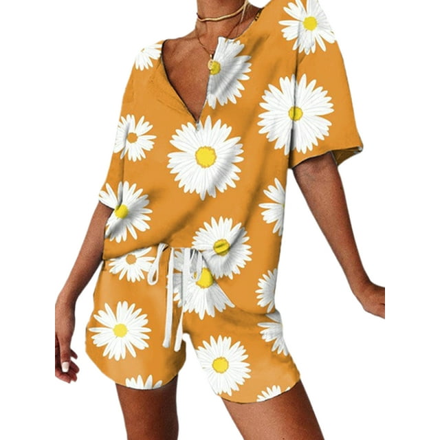 Innerwin Tenues Imprimé Pastèque Marguerite Ensemble Décontracté pour Femmes Col en V Jaune 2TG