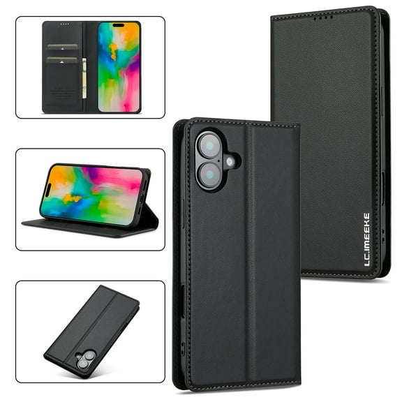 Wallet Case for iPhone 16, Classic Shockproof PU Leather Magnetic Flip Cover with Card Holder Stand Feature and Full Body Protection Phone Case Cover for iPhone 16, Black