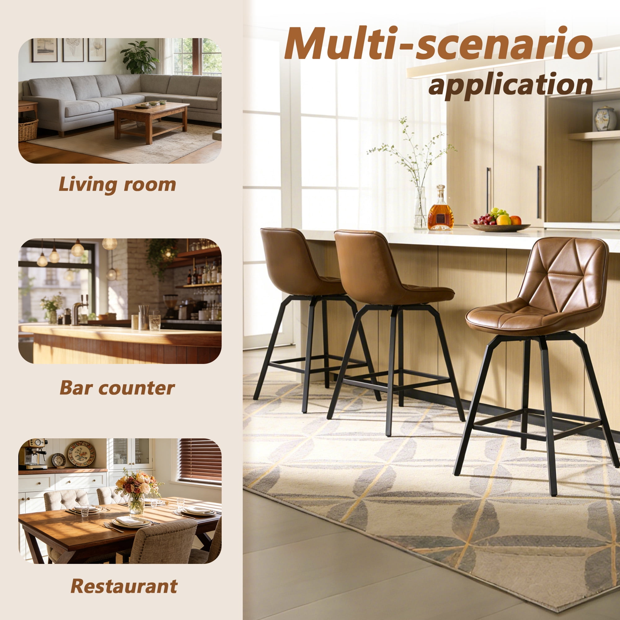 Fancrou 26″ Swivel Counter Height Bar Stools Set Of 3, Triangular Pattern Faux Leather Seat With Metal Legs And Back, Darkbrown