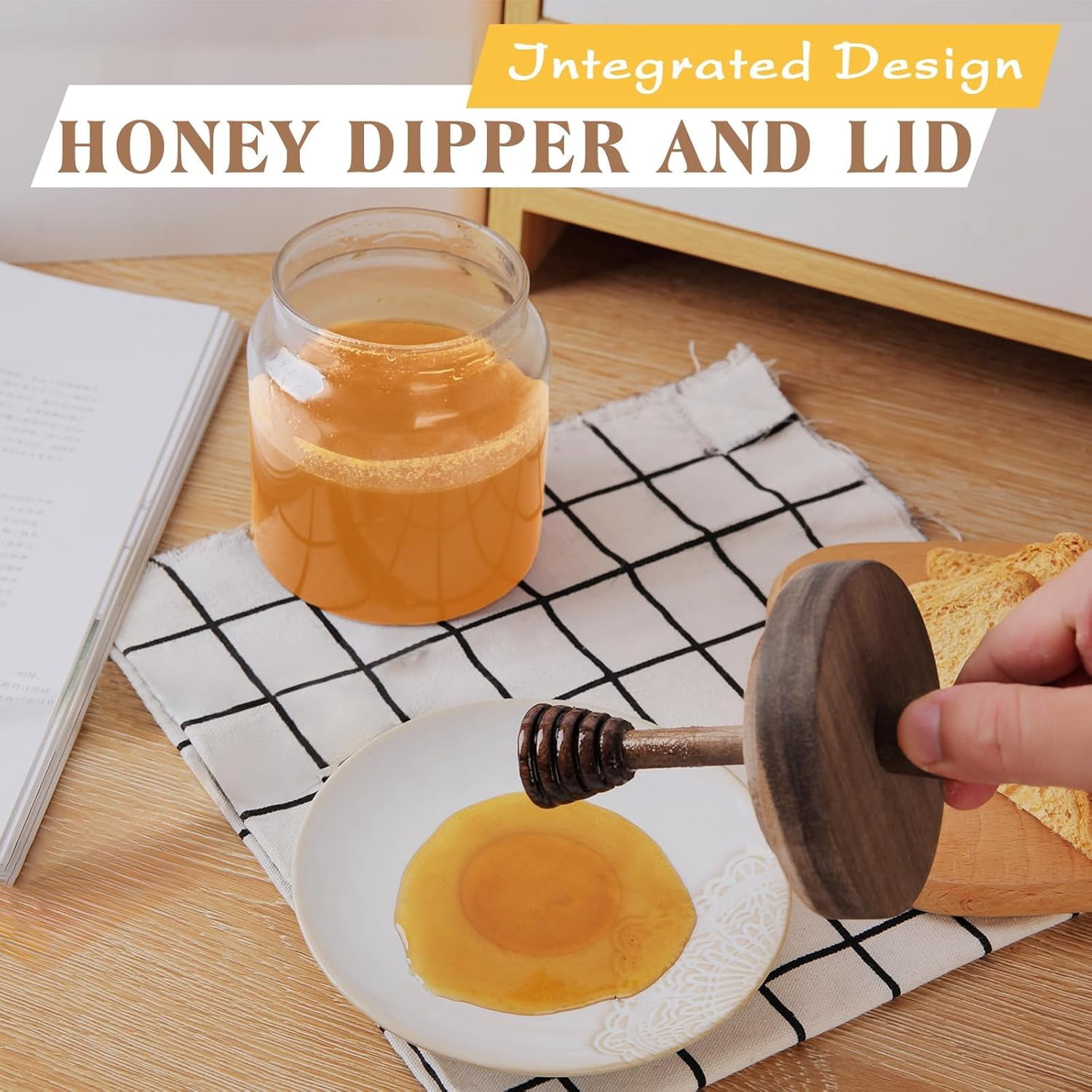 ABCISI Glass Honey Pot, Clear Honey Jar with Wooden Dipper and Lid Honey Holder Syrup Container with Drizzler for Storing Bee Honey Home Kitchen 16oz