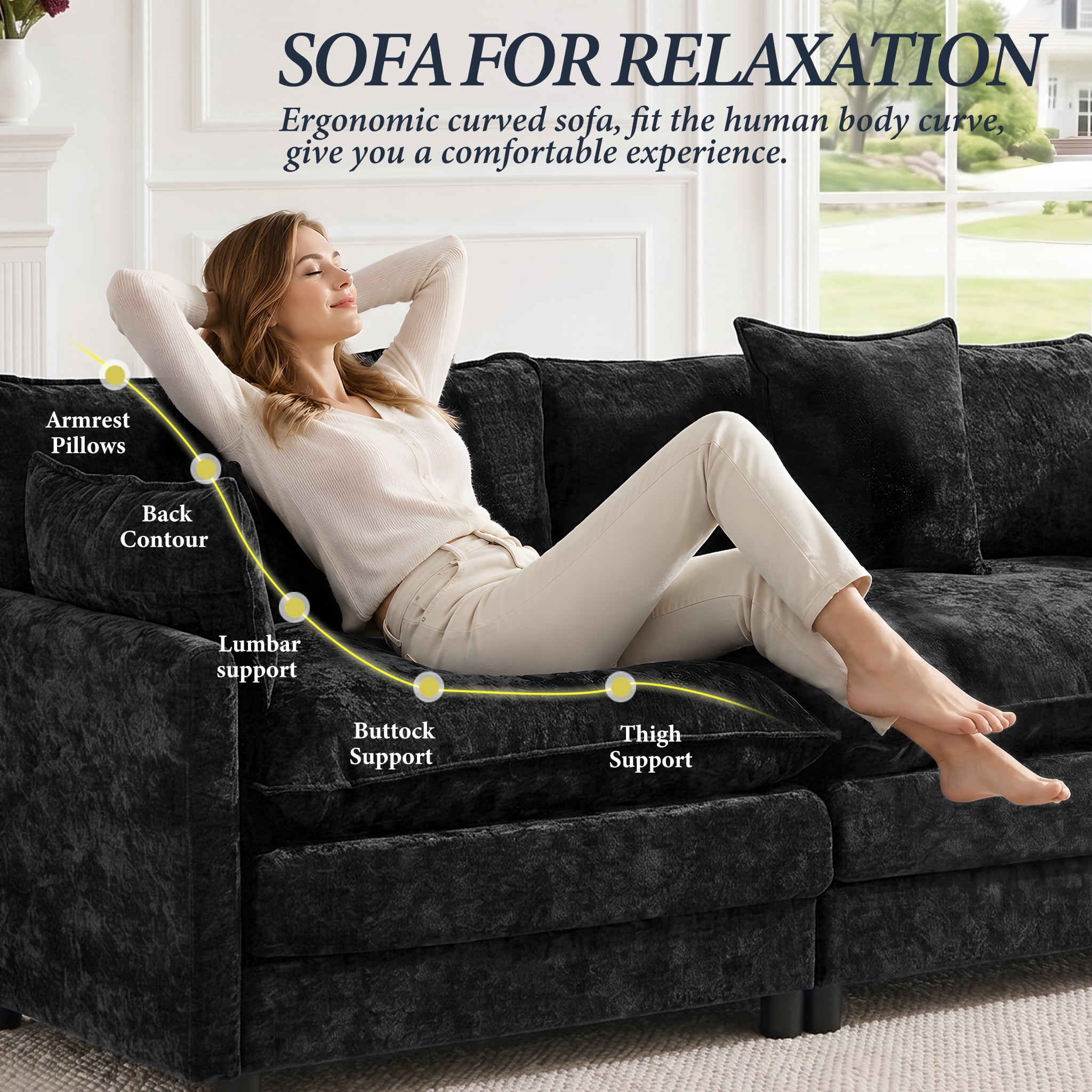 AISWORD 120" L Shaped Modular Sectional Sofa, Cloud Couch with Movable Ottoman, 4 Seat Chenille Deep Seat Sofa with Throw Pillows for Living Room, Black