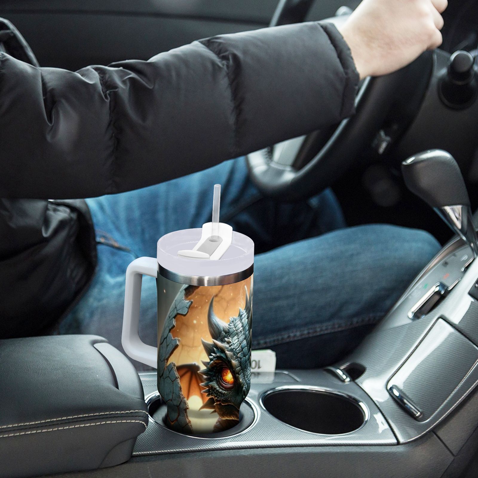 JSTEL Baby Dragon 30 oz Tumbler Stainless Steel Water Bottle Vacuum Insulated Cup with Straw Lid & Handle For Travel Car Cup Holder