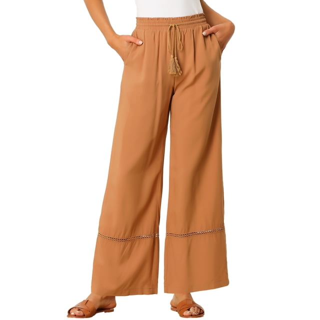 Pantalones de Pierna Ancha de Mujer INSPIRE CHIC con Cintura Elástica y Cordón Boho Palazzo con Bolsillos Talla S Naranja Polvoriento