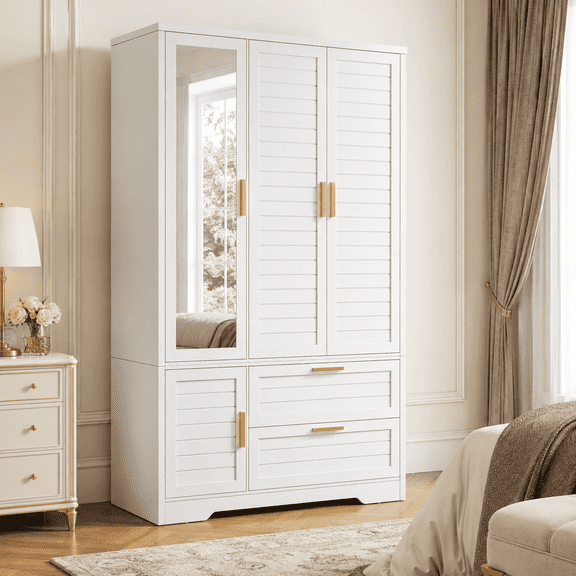 71" Armoire Wardrobe Closet with Mirror, 3 Door Wood Clothing Storage Cabinet with Hanging Rod, Shelves & 2 Drawers, Freestanding Bedroom Closet Organizer, White
