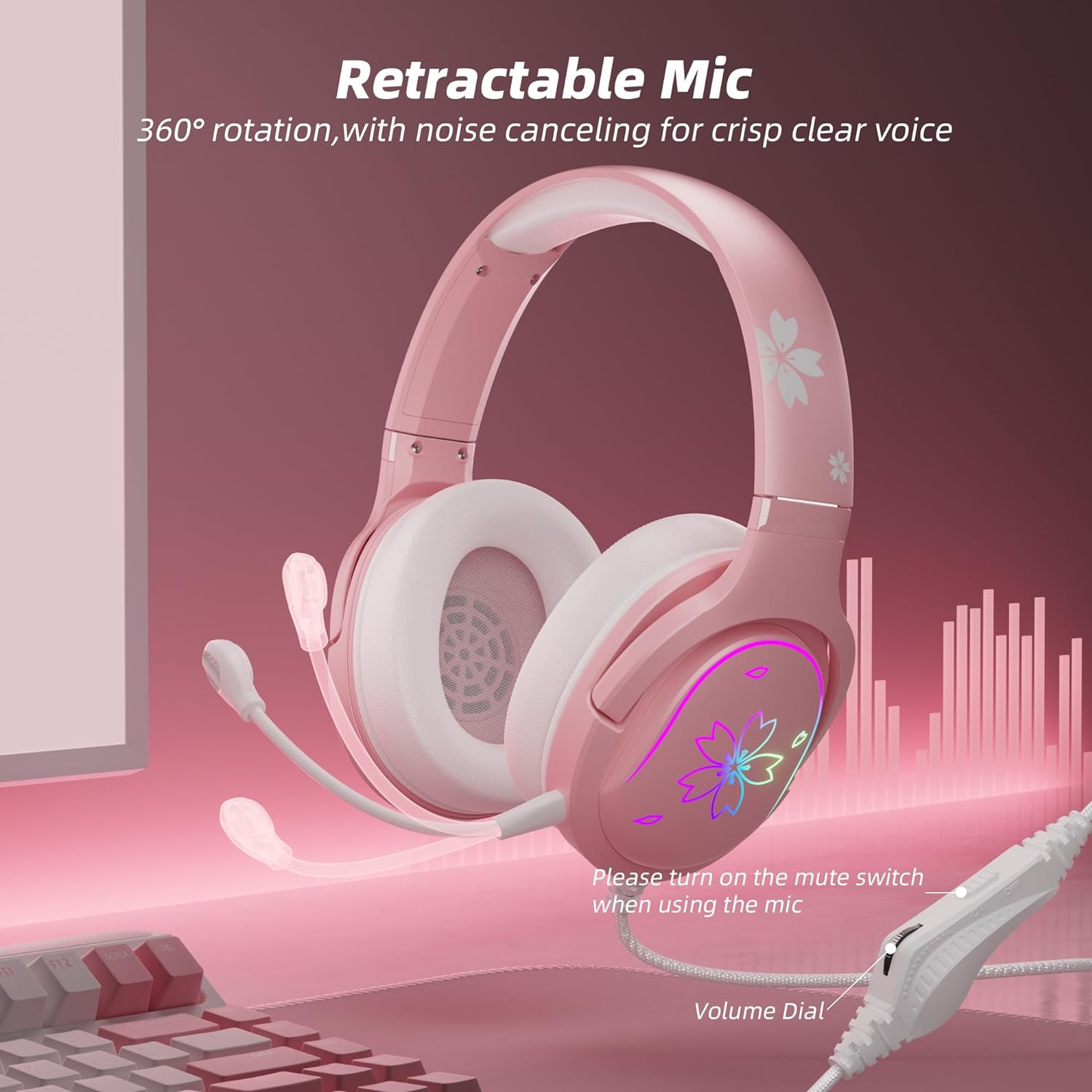 Cherry Blossom Stereo Gaming Headset for PS4/PS5/Xbox/PC/Mac/Switch, RGB Gradient Light Wired Gaming Headphones with Mic, Surround Sound Bass, Soft Memory Earmuffs for Kids & Girls/Women