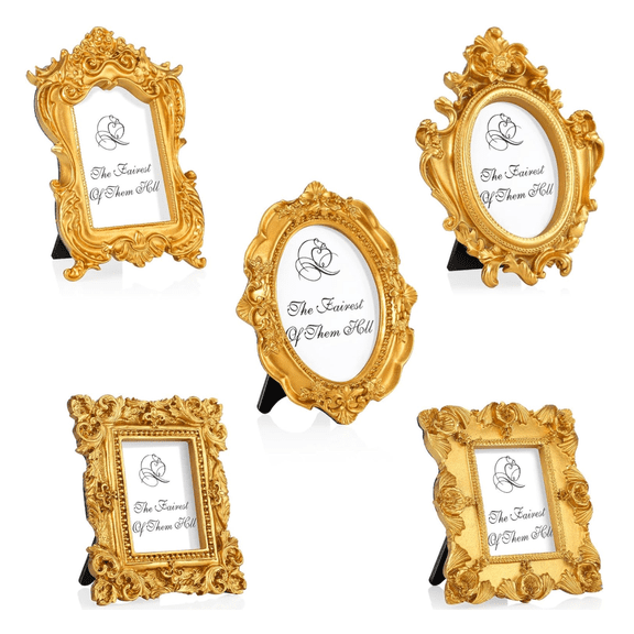 Small Gold Picture Frames Set - 5Pcs Oval Rectangle Golden Mini Frames, Baroque Gallery Wall Frame Pack, Vintage Frame For Wall & Table Decor