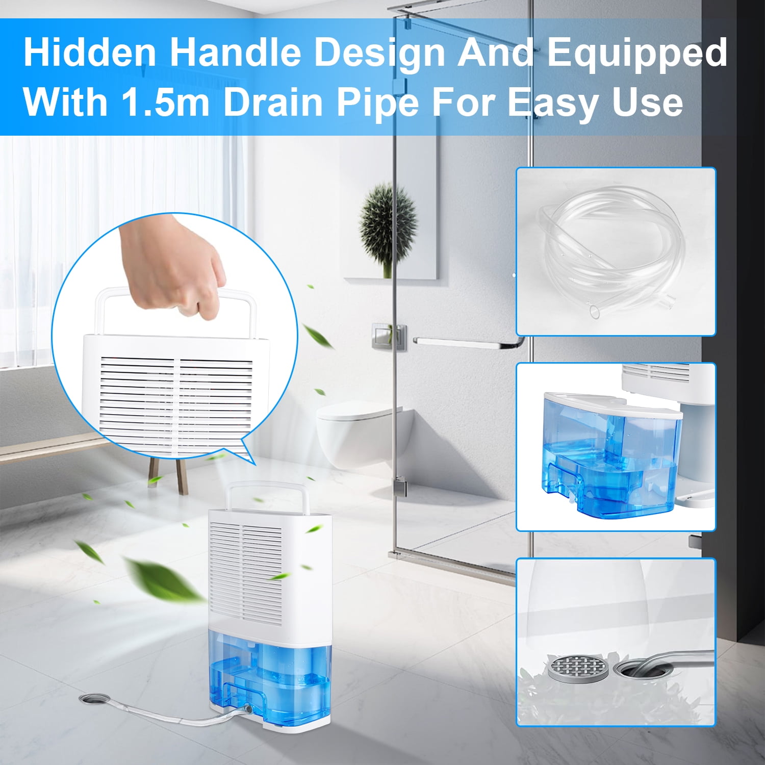 4-Pint Dehumidifier with Drain Hose for Room Home,HopePow Ultra Quiet 3,500 Sq. ft Coverage Area Energy Saving Efficiency Dehumidifier for Home,Bedroom,Small Room,Bathroom,Blue