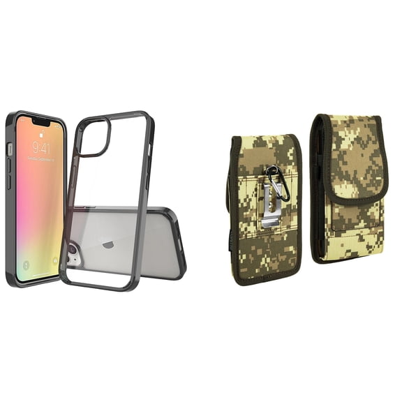 Bemz Case and Pouch Bundle for iPhone 14 Pro: Fusion Protector Slim Case (Black/Clear) and Vertical Rugged Nylon Belt Holster (Digital Camo)