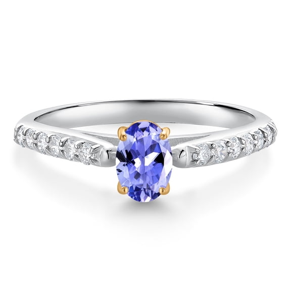 Gem Stone King 10K White and Yellow Gold Blue Tanzanite and White Lab Grown Diamond Engagement Ring for Women (0.63 Cttw, Oval 6X4MM, Gemstone December Birthstone, Size 6)