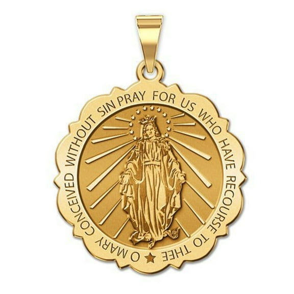 PicturesOnGold.com Miraculous Medal Necklace Pendants Female Adult Scalloped Round-2/3″ 14K Yellow Gold