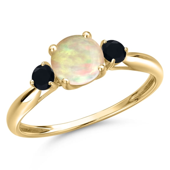 Gem Stone King 10K Yellow Gold White Ethiopian Opal and Black Onyx 3-Stone Ring for Women | 0.76 Cttw | Round Cabochon 6MM | Gemstone October Birthstone | Size 7