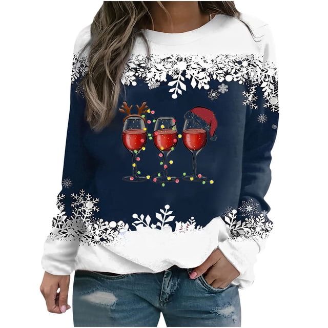 Chandails en Molleton de Noël pour Femmes, T-shirt Imprimé d'Hiver, Manches Longues, Blouse à Col Rond, Hauts Décontractés, Chandail en Molleton à Col Rond pour Femmes en Liquidation