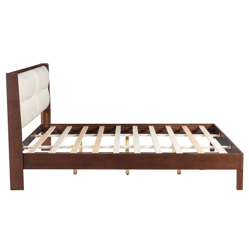 Wooden King Size Platform Bed with Velvet Upholstered Headboard, Low-Profile Bed Frame with Slat Support No Box Spring Needed