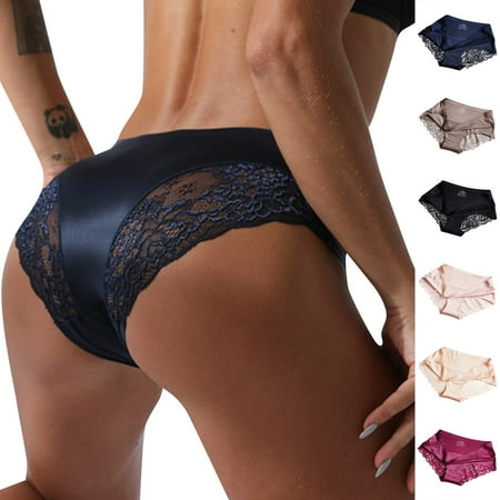 

WGOUP Ladies Sexy Lace Panties One Oiece Ice Silk Seamless Low-waist Briefs Black(Buy 2 Get 1 Free)