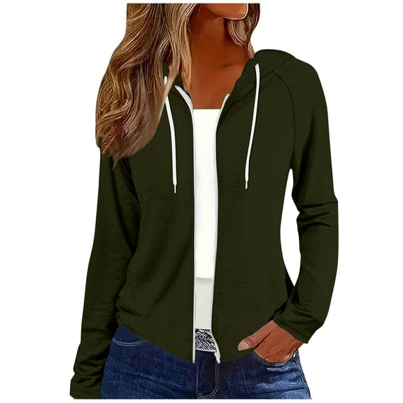 Dasayo Sport Coats for Women Hooded Zipper Green Lightweight Sweatshirt Drawstring Long Sleeve Hoodies Womens Jacket L