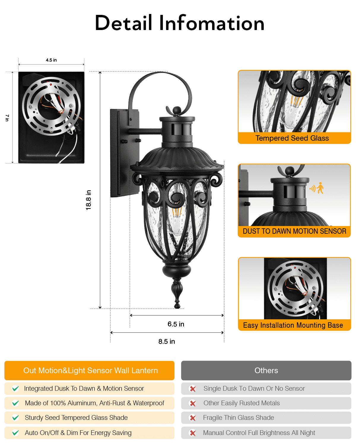 VIANIS Motion Sensor Outdoor Lights, Dusk to Dawn Outdoor Motion Sensor Light, 2 Pack Exterior Lighting Fixtures with Seed Glass,Black Outside Lights for House, Garage, Front Porch, Anti-Rust
