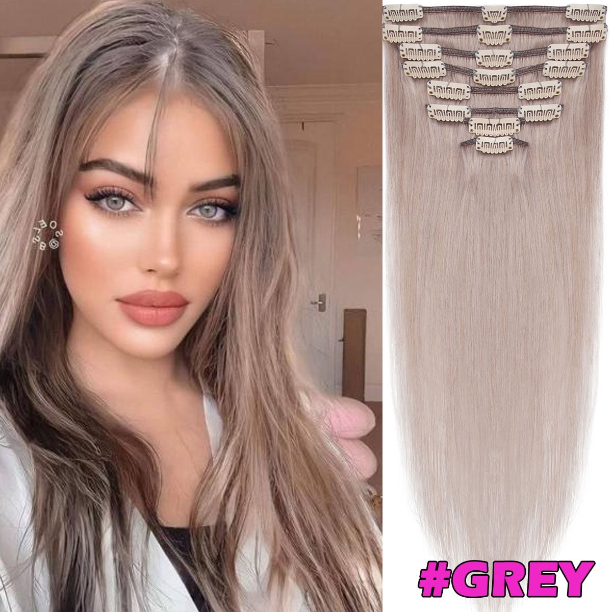 HAIRRO Clip In Human Hair Extensions, Brazilian Hair 8pcs/18Clips Dark Brown to Chestnut Brown Balayage Hair Extensions Full Head Silky Straight 100% Human Hair Clip In Extensions 8Inch-24inch
