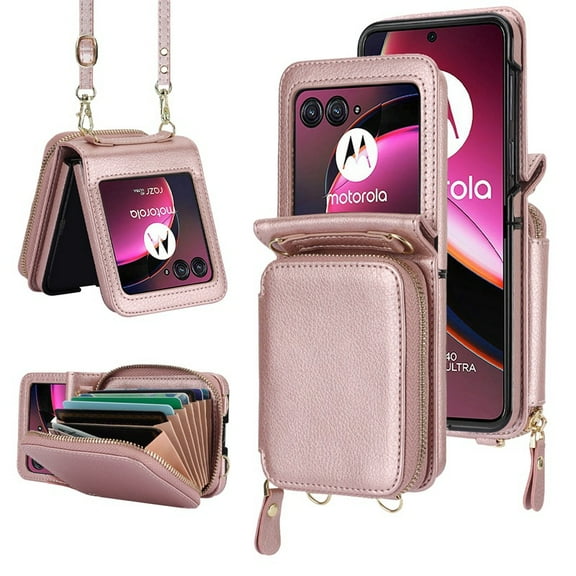 Fashion crossbody lanyard phone case suitable for Moto Razr 50 ultra 40 Ultra,Samsung Z Flip6 Flip5 Flip4 Flip3 zipper wallet phone protective leather cover
