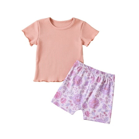 

Arvbitana 2Pcs Toddlers Baby Girls Summer Clothes Set Ribbed Knit Short Sleeves T-Shirt Tops Elastic Floral Shorts Outfits 6 Months-4 Years
