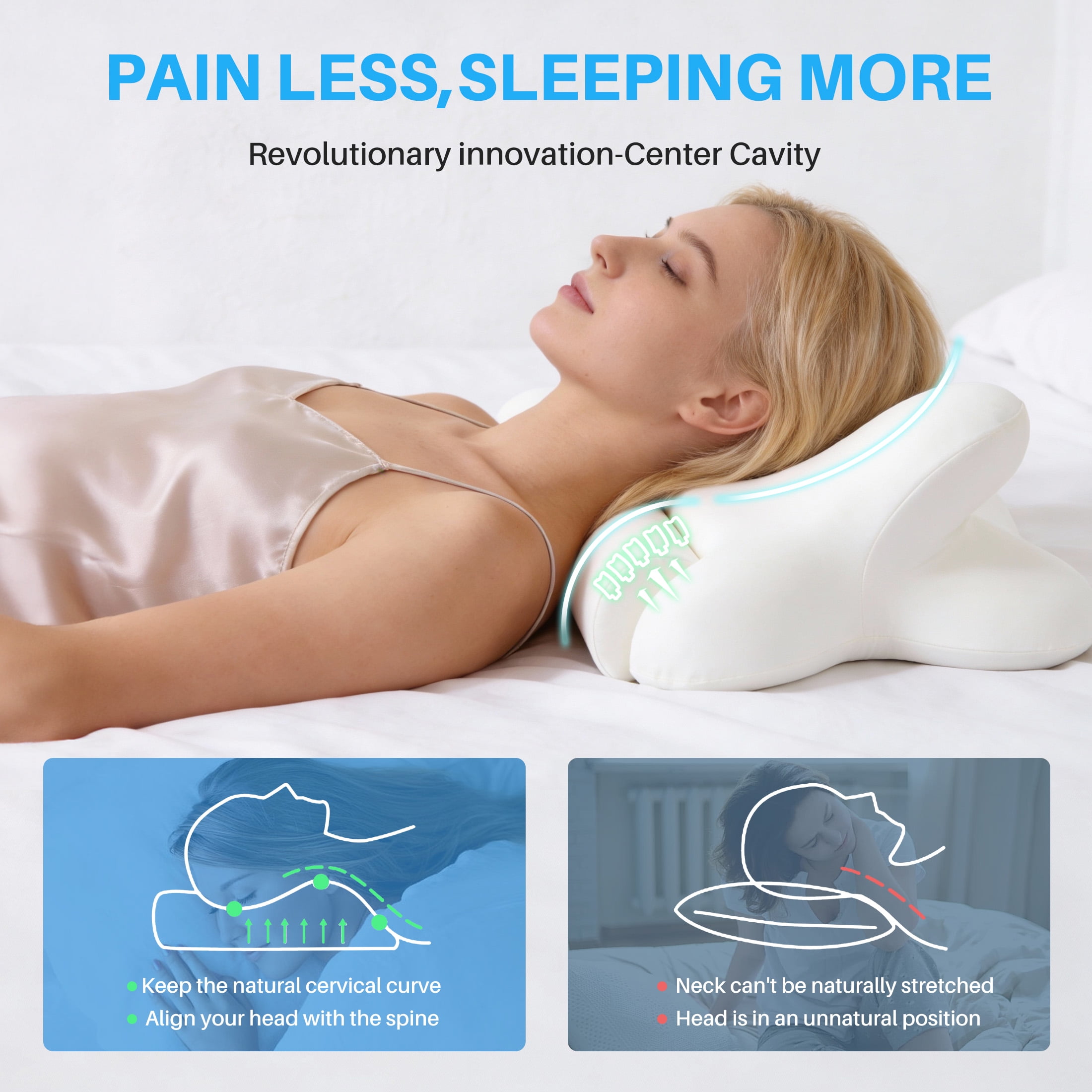 EDX Queen Size Cervical Pillows Memory Foam Bed Pillow for Neck Pain Relief- Removable Cover,White