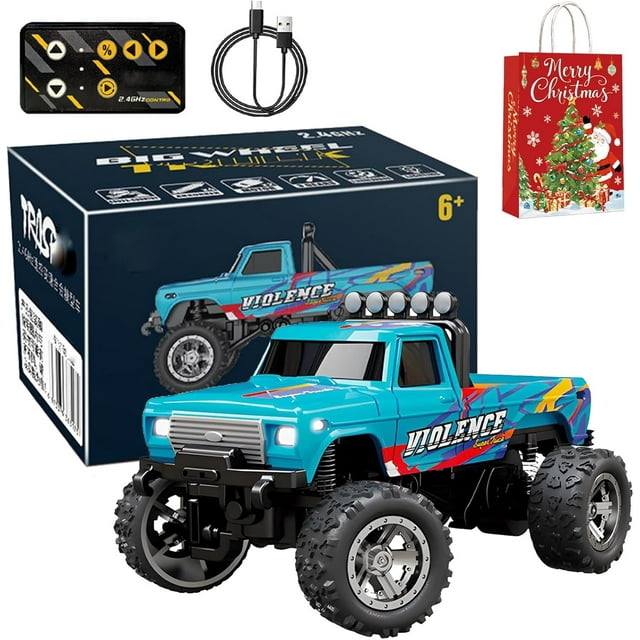 Mini Camion Tout-Terrain avec Lumières, 1:64 Mini Camion Monstre Rc, Télécommande 2.4ghz, 3 Vitesses Réglables, Camions Rc en Alliage Rechargeables USB, Idées Cadeaux de Noël Anniversaire Cool (Bleu-B)