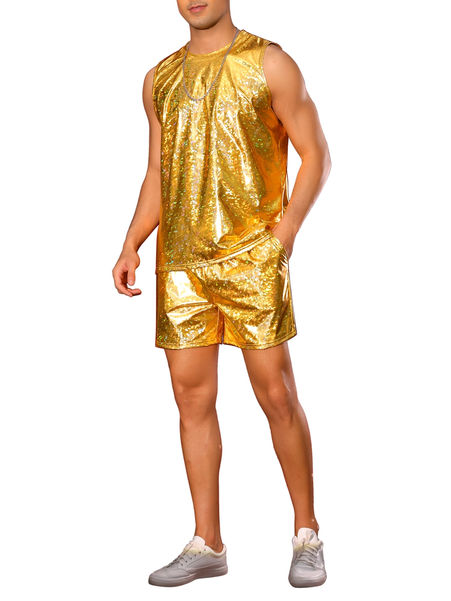 INSPIRE CHIC Holographic Tank Top and Shorts Set for Men's Party Disco Metallic 2 Pieces Outfits XL Golden