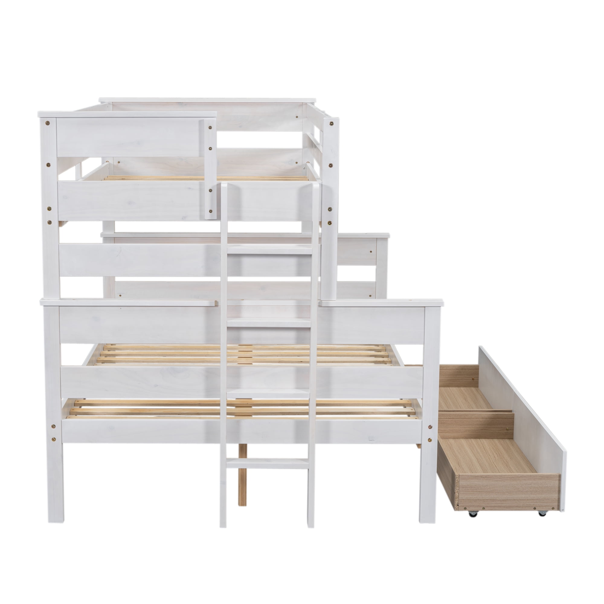 Euroco Wood Twin over Full Size Bunk Bed with Two Drawers, 2-in-1 Beds for Kids Teens Bedroom, Divided Bunk Bed Frame, White