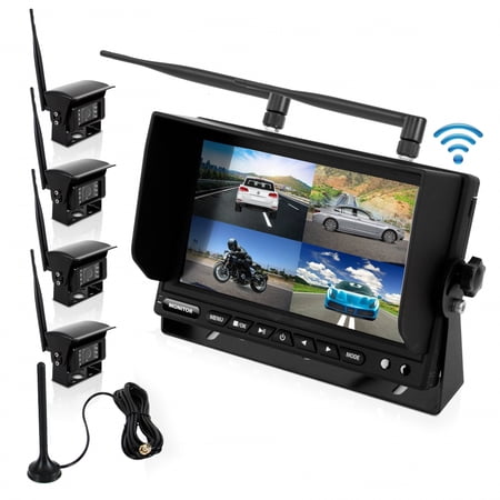 PYLE PLCMTR83QIR - Wireless Vehicle Back-Up Camera & Monitor DVR Kit - 7’’ Display  Video Recording  Quad-View Ability  Night Vision  Waterproof Cams (For Truck  Van  Bus  Trailer)