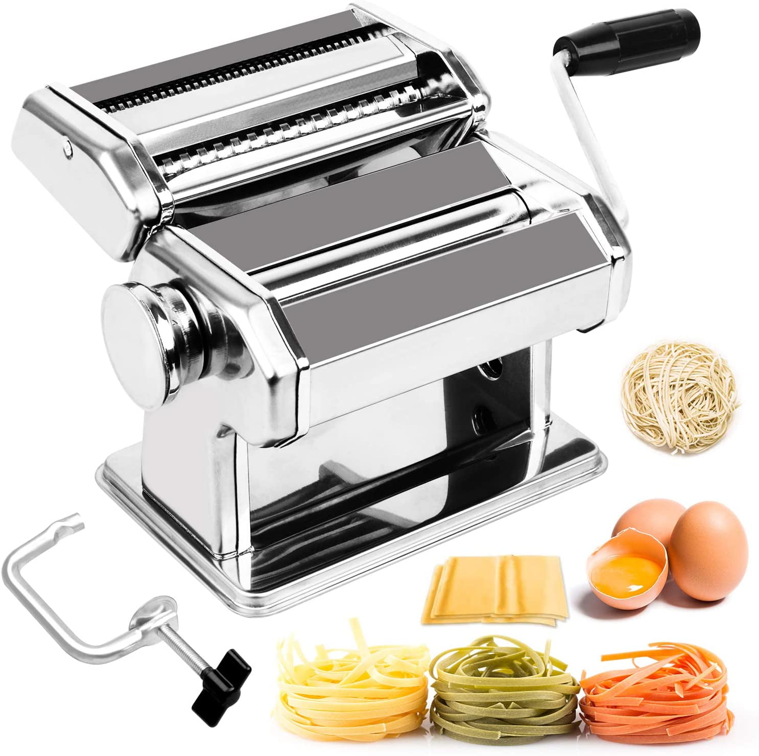 FOCOLABU Pasta Machine Stainless Steel Manual Pasta Maker Machine with 8 Adjustable Thickness Settings or Dumpling Skins Lasagna Pasta Maker Suit for Homemade Spaghetti Fettuccini 