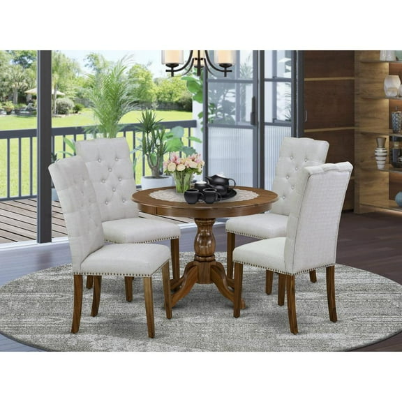 East West Furniture HBEL5-AWA-05 5 Pc Kitchen Table Set - Small Dining Table with 4 Grey Comfortable Chairs - Acacia Walnut Finish