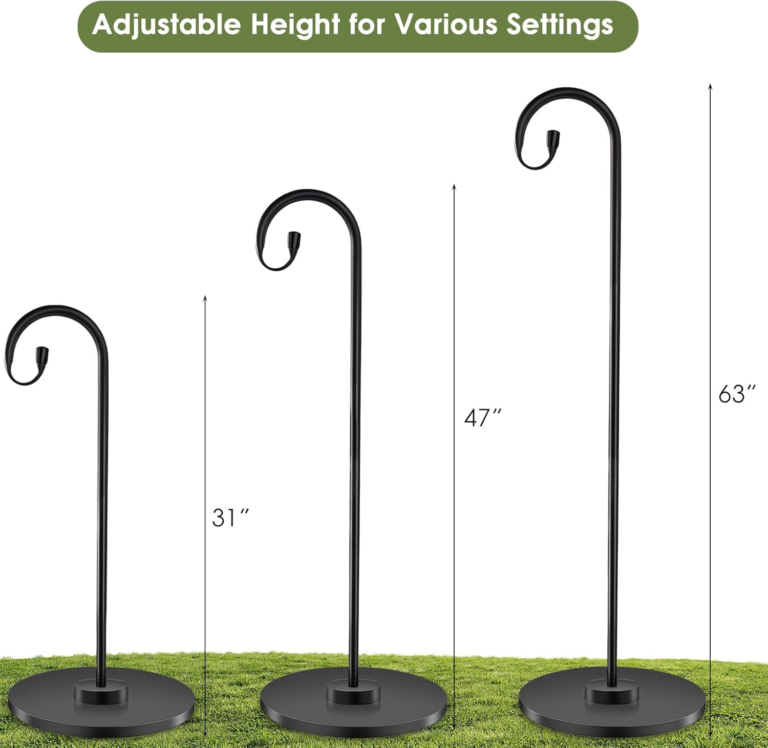 34-63" Adjustable Shepherd Hook Stand with Round Base Stand for Bird Feeders, Lanterns, Wind Chimes, Indoor and Outdoor Use on Patio, Yard or Porch