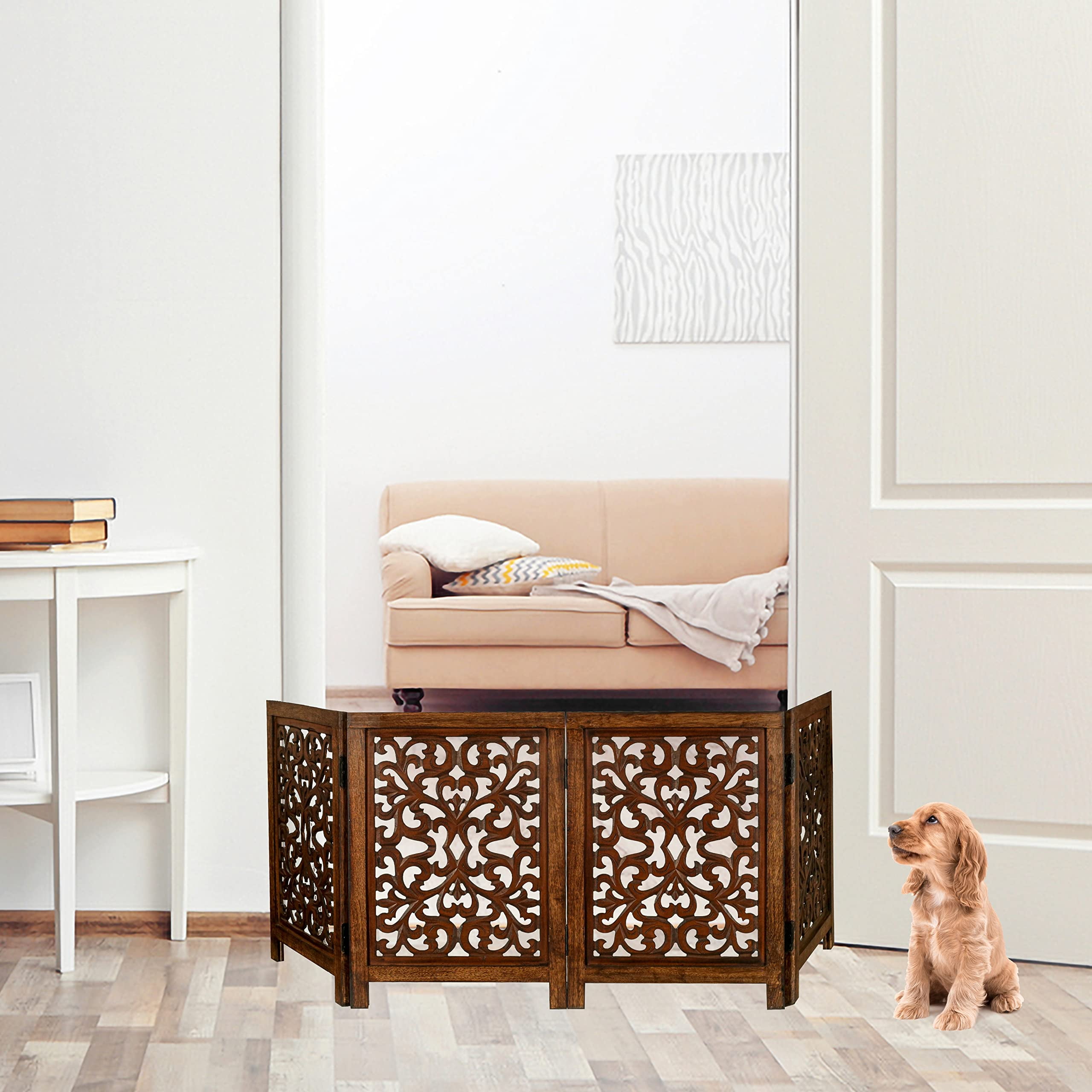 Free Standing Dog Gate – 4 Panel Foldable Wooden pet gate Indoor 72" W x 24" H, Hand-Carved Solid Wood & MDF, Portable Indoor Gate for Doorways, Halls, Stairs – Fully Assembled - Antique Brown