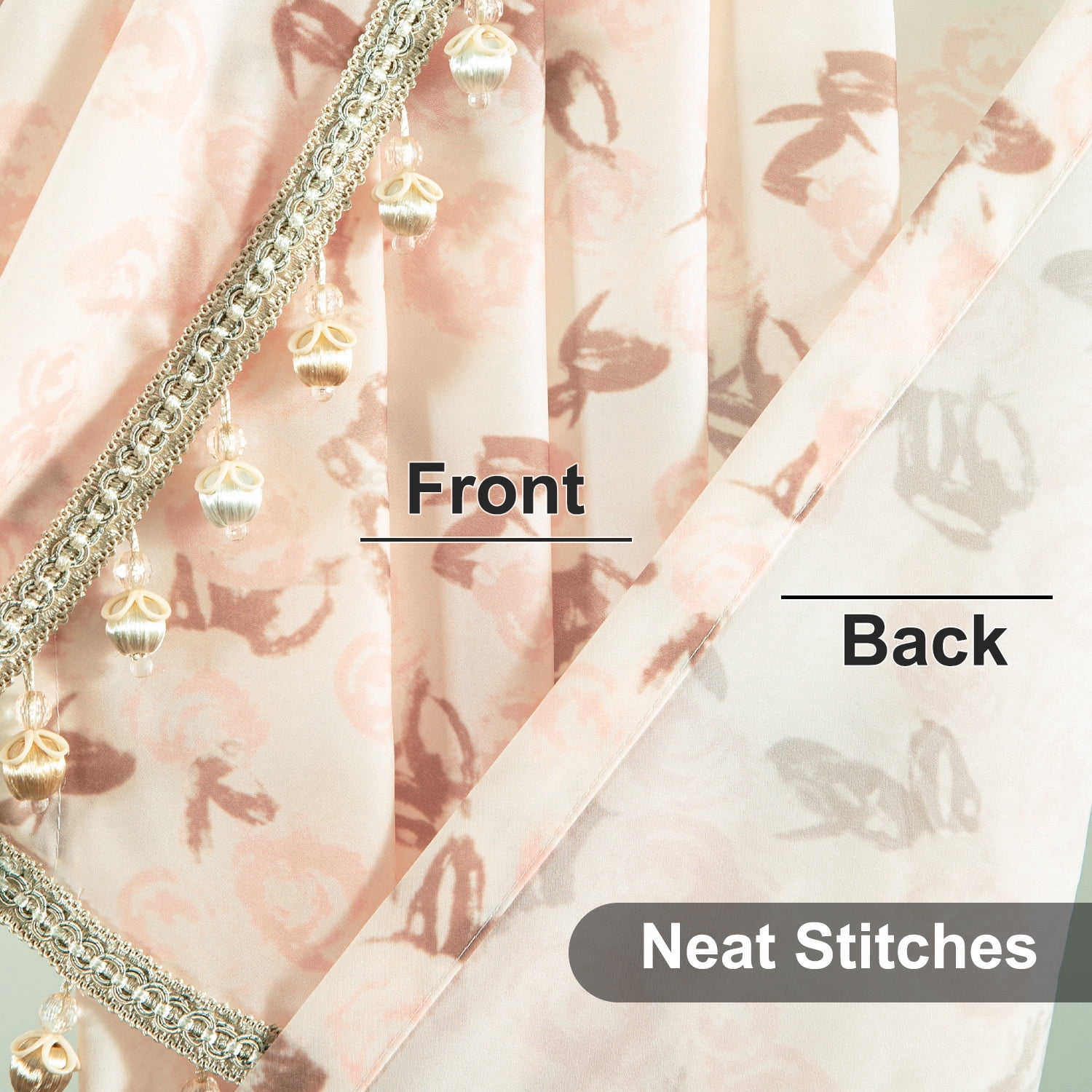 VOGOL Waterfall Valance 39x43 Inch - Sheer Voile, Vintage Pink Roses Print, Beaded Tassels, Farmhouse Style for Bedroom, Living Room, Nursery