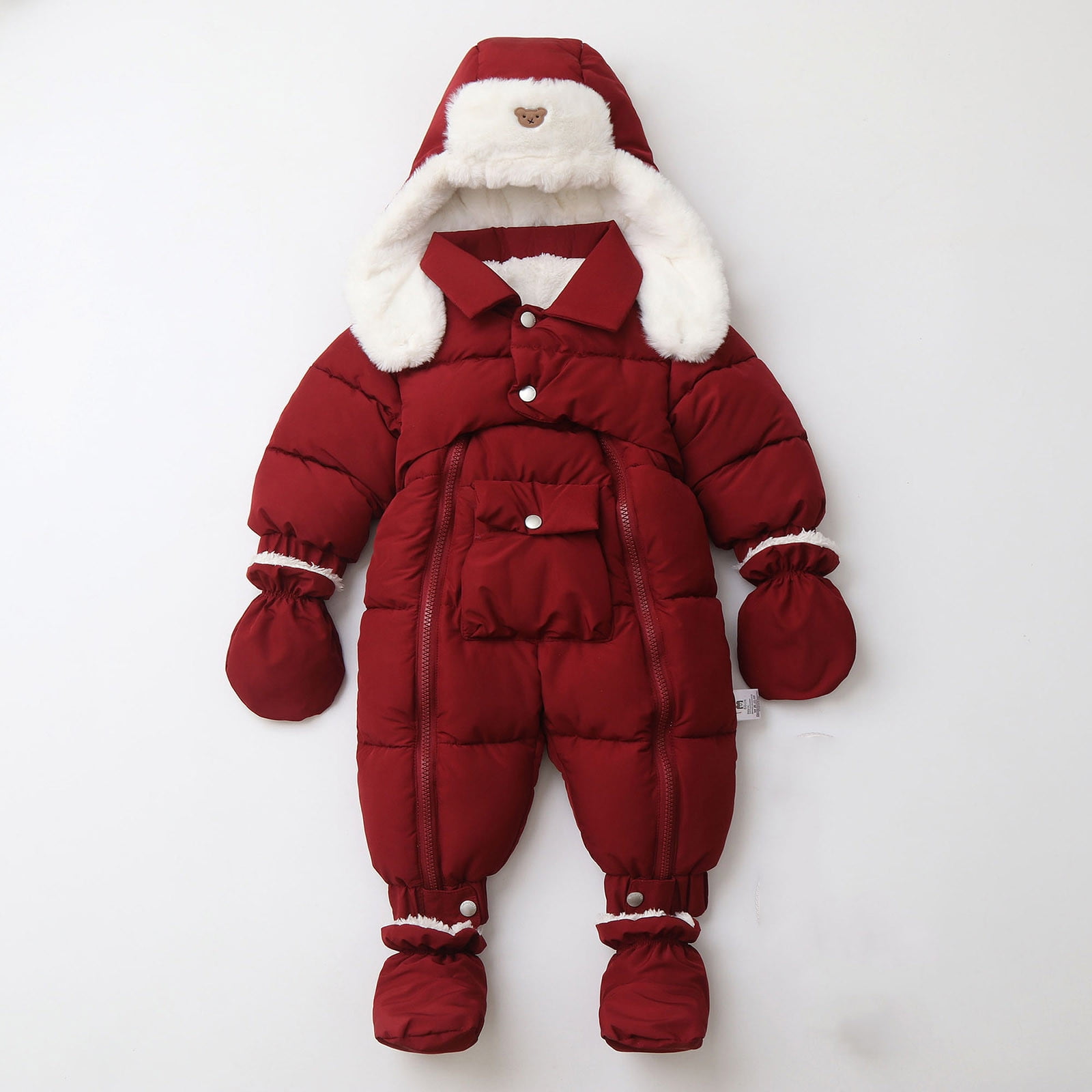 Winter Warm Bodysuit Solid Cute Bear Hooded Puffer Romper Boys Girls Snowsuit One Piece Jumpsuit