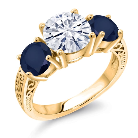 Gem Stone King 18K Yellow Gold Plated Silver White Moissanite and Blue Sapphire Engagement Ring for Women | 4.10 Cttw | Round 8MM | Gemstone Birthstone | Size 9