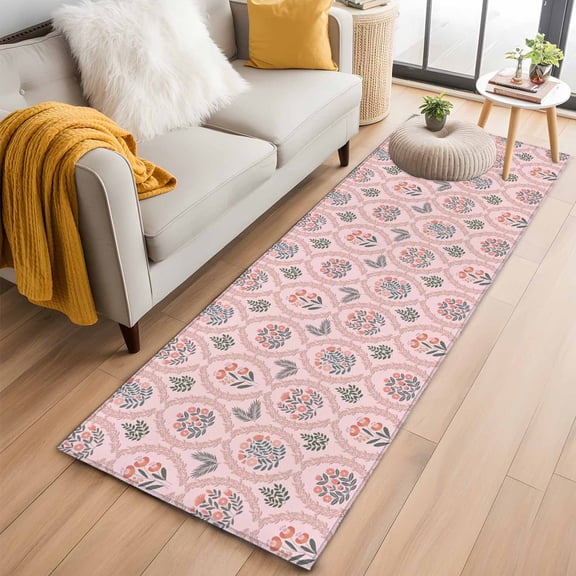Vintage Flower Pattern 2'x6' Runner Rugs for Hallway Kitchen Bedside Non Slip Washable, Spring Floral Leaves Plants Pink Entryway Rug Runners with Rubber Backing, Long Carpet Runner for Laundry Room