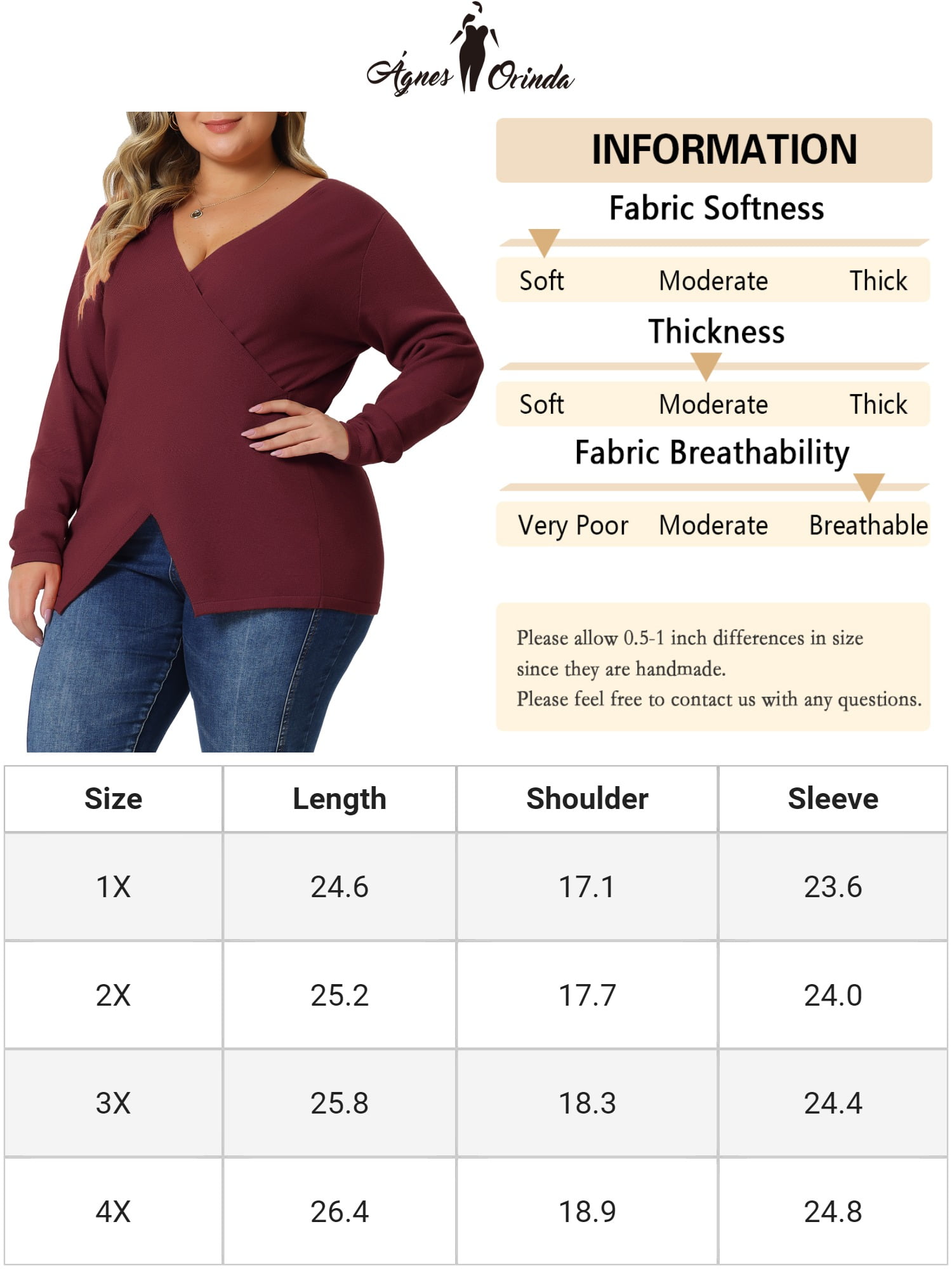 Unique Bargains Women's Plus Size Knitted Deep V Neck Wrap Criss Cross Cable Knit Sweater 4X Red